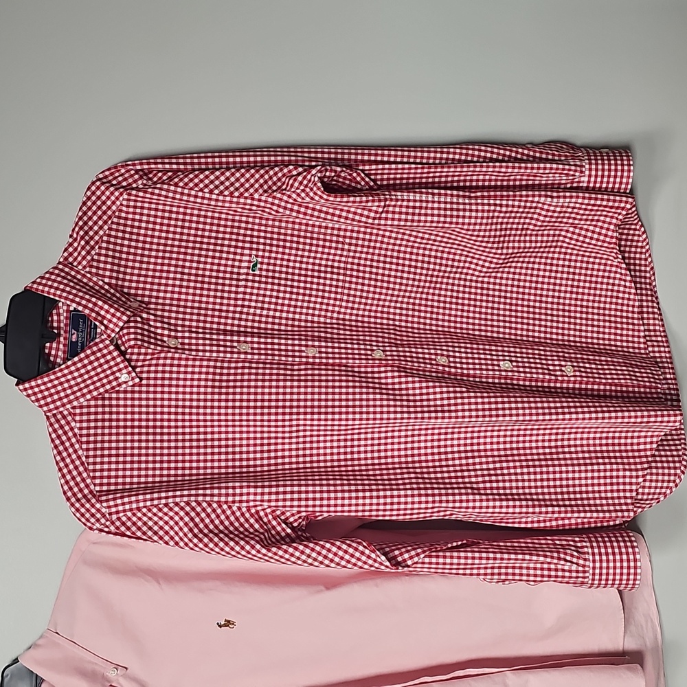 Vineyard Vines Men's Medium Red Check Plaid & Ralph Lauren Peach Button Down - Picture 2 of 16